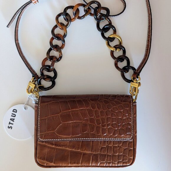 Staud Brown Mini Tommy Croc-Embossed Leather Crossbody Bag NWT - Picture 1 of 13